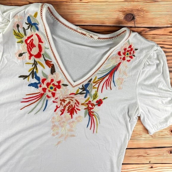 Solitaire Top Women XL Embroidered Peacock Floral Boho Garden‎ V-Neck Shirt - Picture 1 of 10